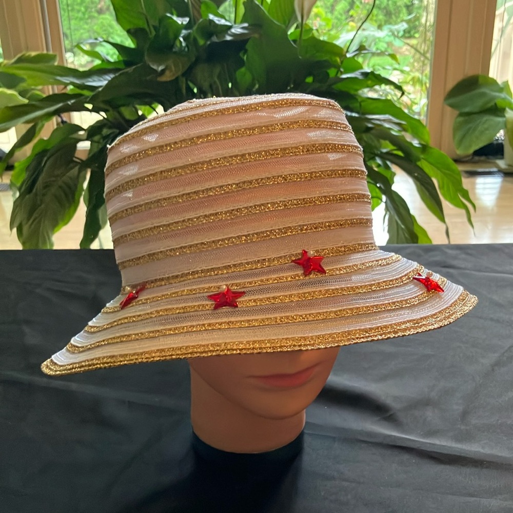 Chic Metallic Gold and Translucent Striped Hat with Red Stars